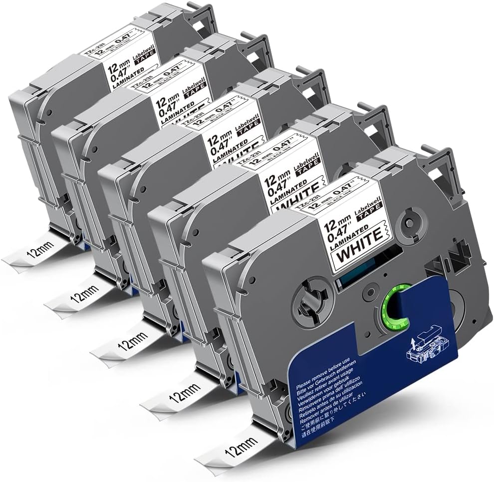 5x Labelwell 12mm 0.47 TZc-231 Negro sobre Blanco Compatible Etiqueta Reemplazo para Brother P-touch TZ TZe-231 TZe231 TZ231 para Brother PT-H100LB PT-P300BT PT-1010 GL-H105 PTH100R PT-H108GT PTD450VP