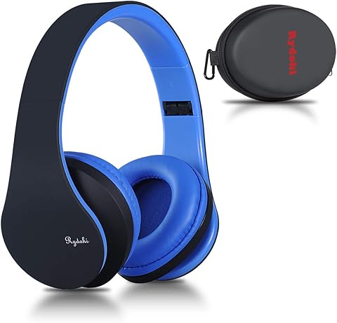 Rydohi Wireless Bluetooth Headphones Over Ear, Hi-Fi Stereo Headset with Deep Bass, Foldable and Lightweight, Wired and Wireless Modes Built in Mic for Cell Phones, TV, PC and Traveling (Black-Blue)