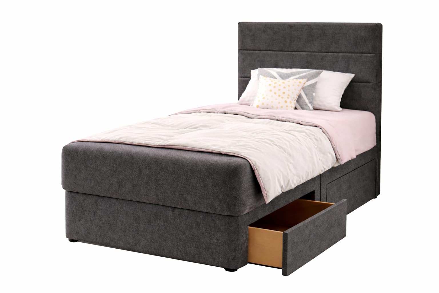 CALISMA Designer Paris Damask Memory Spring Foam Divan Bed Set With Mattress, 2 Drawers (Same Side) and Headboard (Charcoal, 3FT Single)