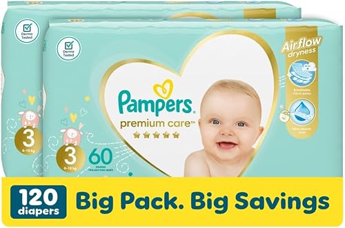Pampers Premium Care 60 Baby Nappies, Size 3 (Pack of 2)