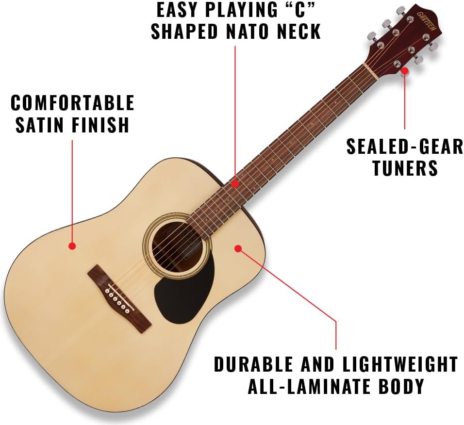 gretsch prelude d100 dreadnought acoustic guitar, beginner guitar, black/natural