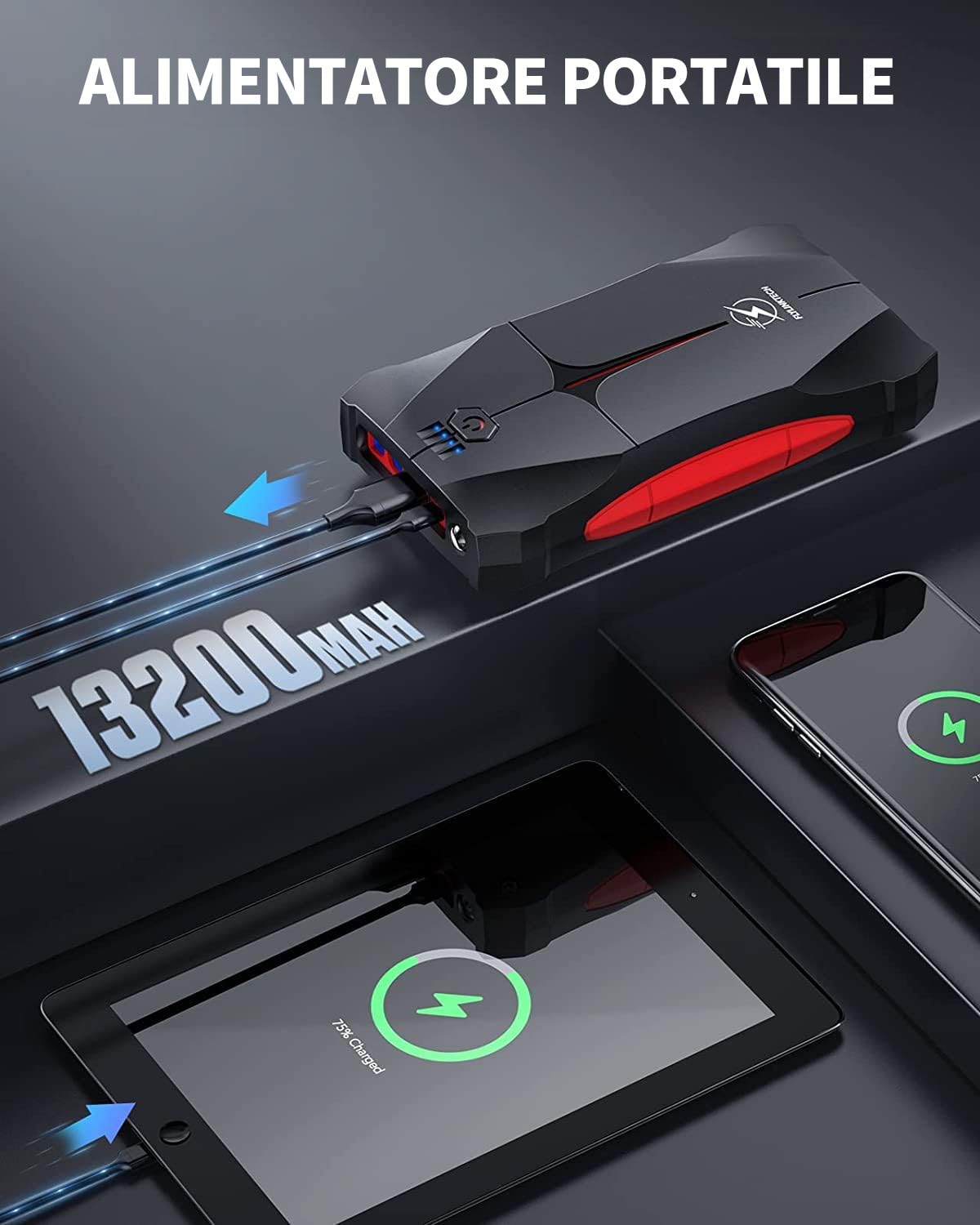 FLYLINKTECH Avviatore Emergenza per Auto- 2500A 13200mAh Avviatore Portatile per Motore Benzina, Impermeabile IP67, fino a 6,0L Ges o 5,0L Diesel, 12V Jump Starter, Torcia a LED