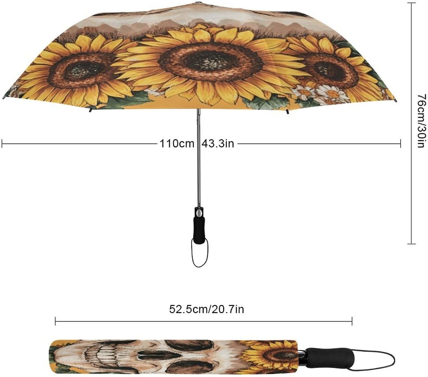 Sunflower Skull Golf Umbrellas-2 Fold Automatic,Windproof Umbrella with Portable,Strong,Folding Umbrella for Women Men