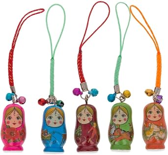 Set of 5 Wooden Dolls Matryoshka Charms for Phones, Bags, Backpacks