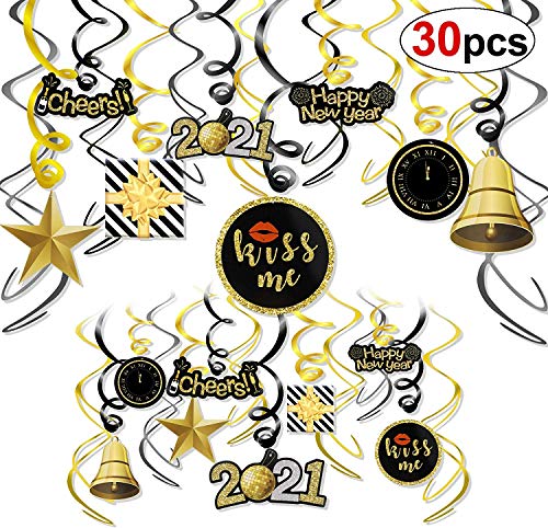 JoyPlay Feliz Año Nuevo espirales colgantes guirnalda decoración 2021 celebración negro y oro 30 piezas, Año Nuevo remolinos fiesta de Nuevo Favores Decoración para Año Nuevo Accesorios de fotos