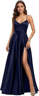 Women's V Neck Bridesmaid Dresses with Slit Ruched Waist Satin Pleated Formal Party Dress NO98