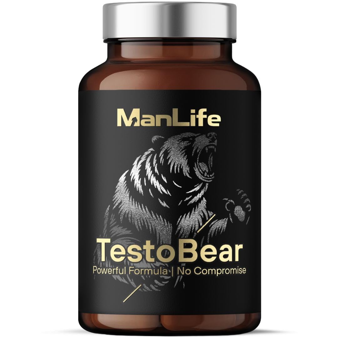 Testosteron Booster für Männer - TestoBear 90 vegane Kapseln | Erhöht Testosteron, Libido, Kraft, Muskelmasse und stärkt die Erektion | Umweltfreundlich – Glasflasche mit Metallve