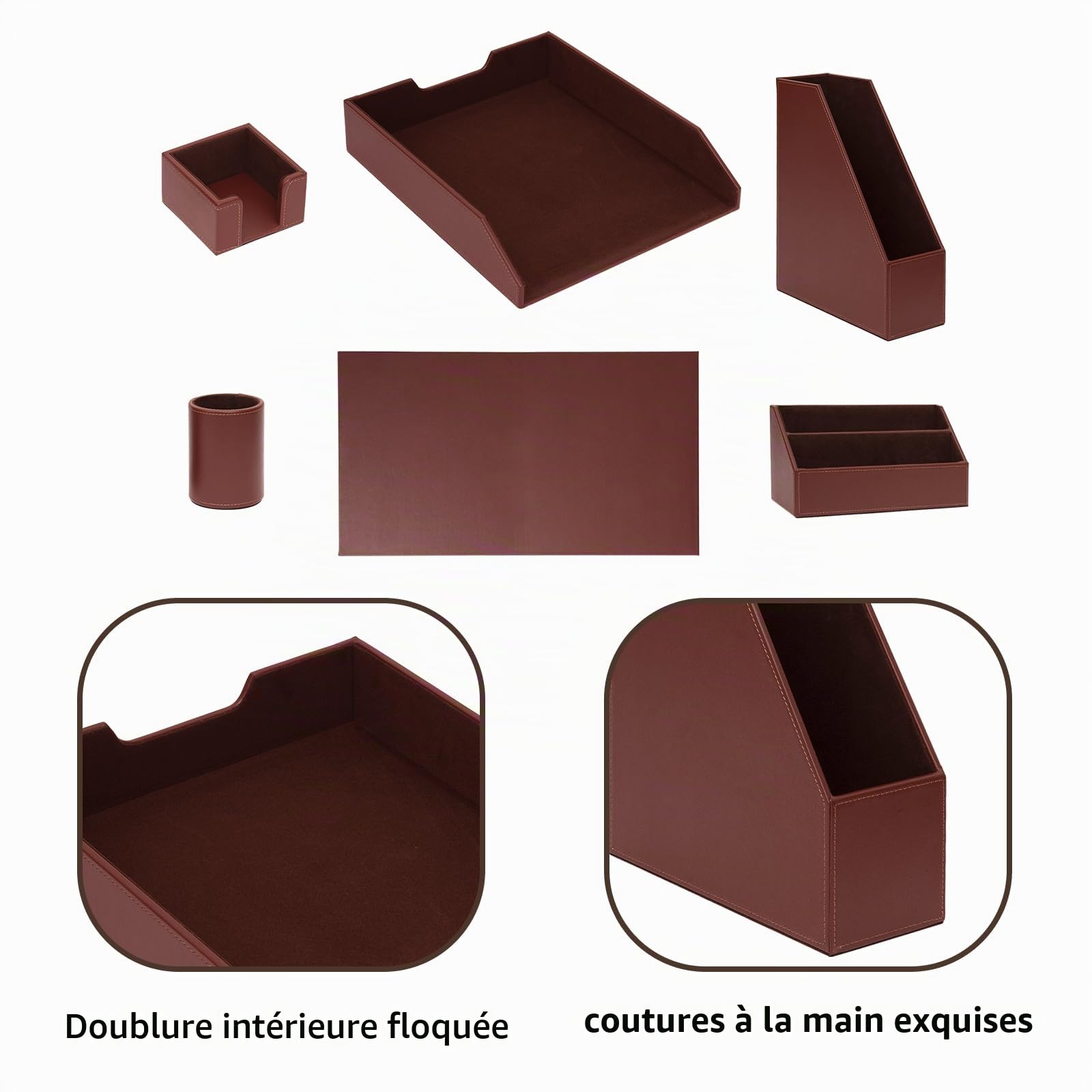 Lot de 6 organiseurs de bureau en cuir avec bloc-notes, plateau à papier, porte-revues, pot à stylos, marron