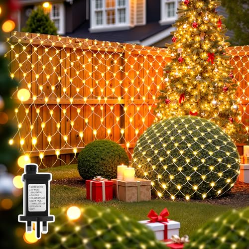 YIBONIKA Net Lights Outdoor 2mx2m 208LED Mesh Fairy Lights Plug in Waterproof String Lights with 8 Modes/Timer/Memory for Indoor & Outdoor Xmas Trees Windows Garden Decoration Warm White