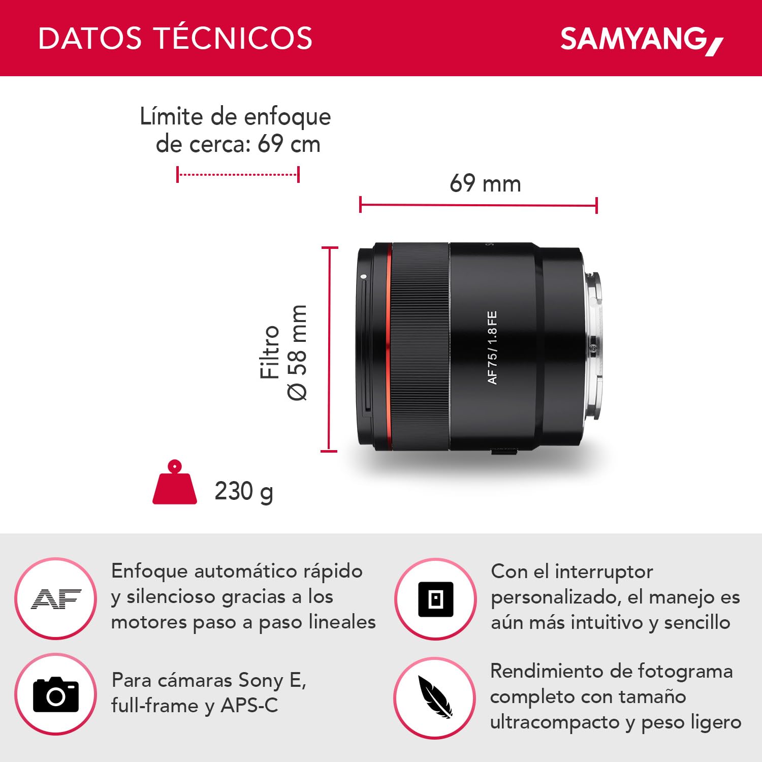 Objetivo Samyang AF 75mm. 1.8 Sony E, full frame