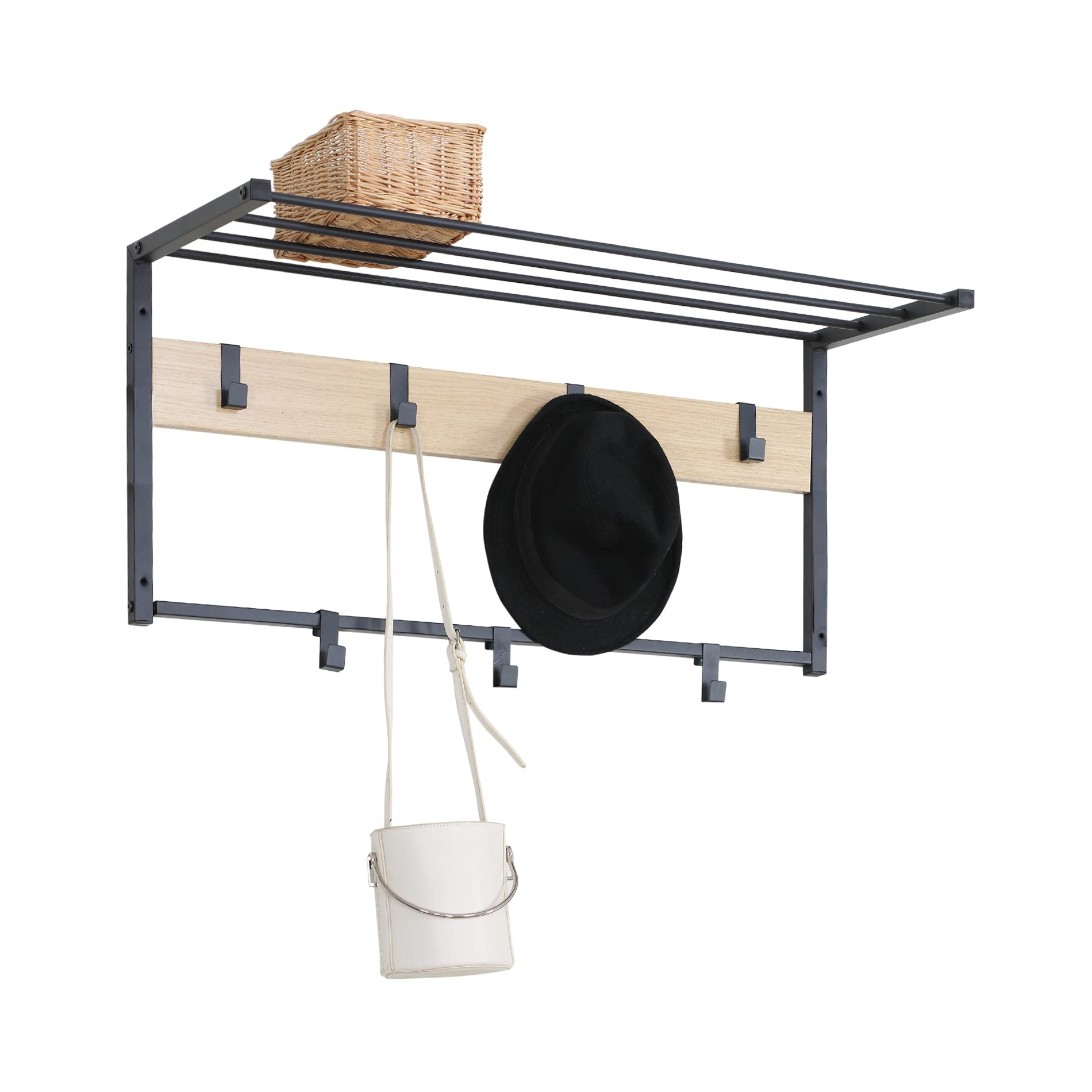 Rebecca Mobili Attaccapanni Da Parete Con Ripiano, Appendiabiti Mensola Da Appendere, Metallo Truciolato, Nero Beige, Ingresso Bagno - Misure: 45 x 80 x 30 cm (HxLxP) - Art. RE6748