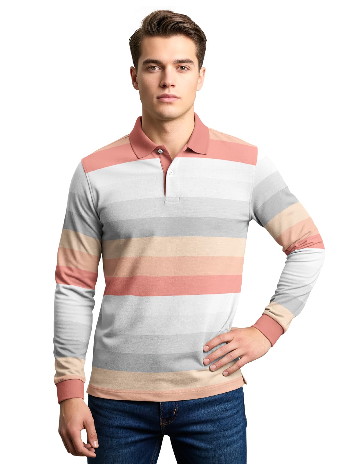 White Striped Printed Polo Neck Fullsleeve Tshirt with Rib for Men.