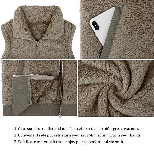 IECCP Damen Fleece Weste Jacke Standkragen Ultraleicht Outdoor Westen Tops mit Taschen Reißverschluss Gilets Damenweste(Kamel,S)