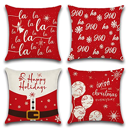 JOTOM Housse de Coussin 45 x 45 cm Sapin de Noël Bonhomme de Neige Taie d'oreiller de Noël Imperméable pour Canapé Maison Salon Chambre Extérieur 4 pièces (Thème de Noël Rouge B) Cover