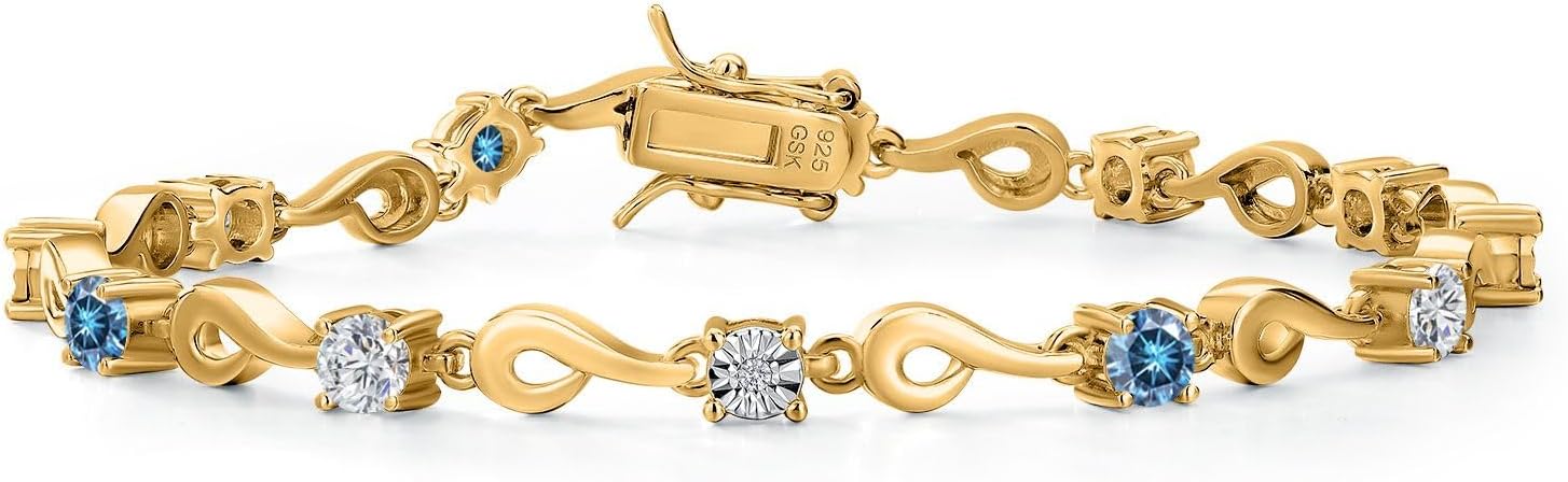 Gem Stone King 18K Yellow Gold Plated Silver White Lab Grown Diamond and Persian Blue Moissanite Bracelet For Women (2.29 Cttw, Gemstone April Birthstone, Round 4MM, 7.5 Inch)