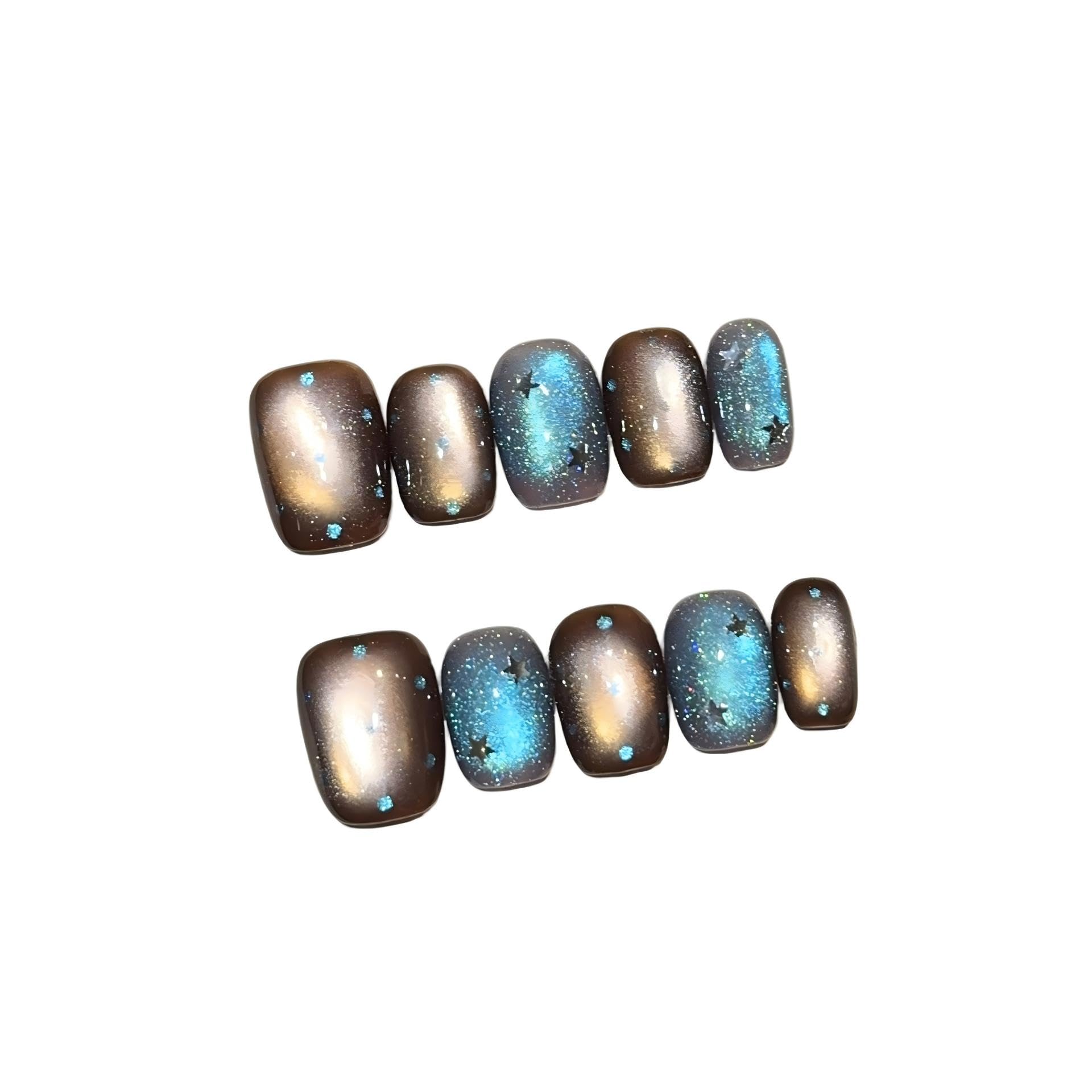 Brown & Blue Galaxy Cat Eye Press On Nails - Starry Sky Design with Rhinestones, Short Oval Shape, Reusable False Nails (S)