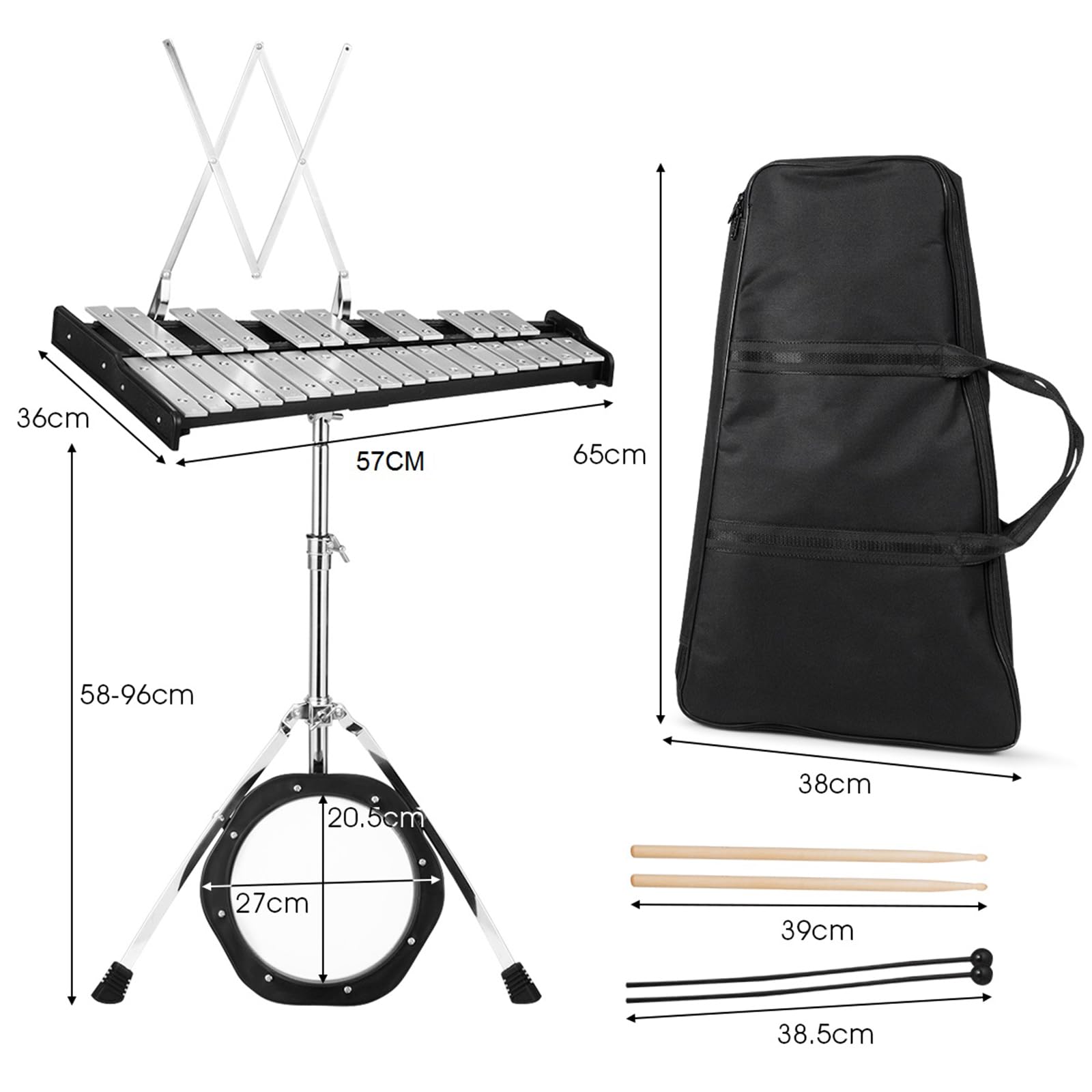 COSTWAY Set di Xilofono a 30 Note, Glockenspiel con Supporto in Metallo, Altezza Regolabile, Metallofono con Leggio per Spartiti, Mazzette