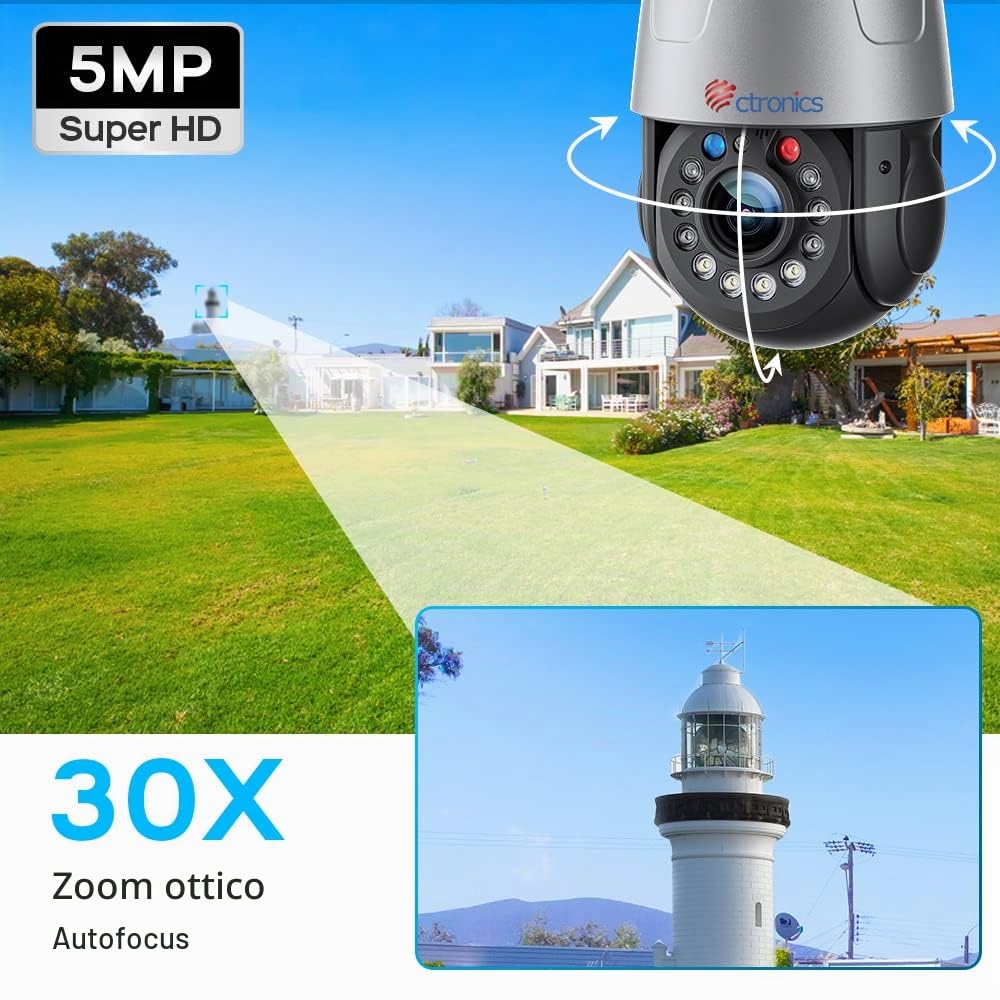 Ctronics 3G/4G-LTE Telecamera da Esterno Zoom Ottico 30X 5MP PTZ Telecamera di Sicurezza con Visione Notturna 150m, Rilevamento Umano, Auto Tracking, Preset e Crociera, Audio Bidirezionale, IP66