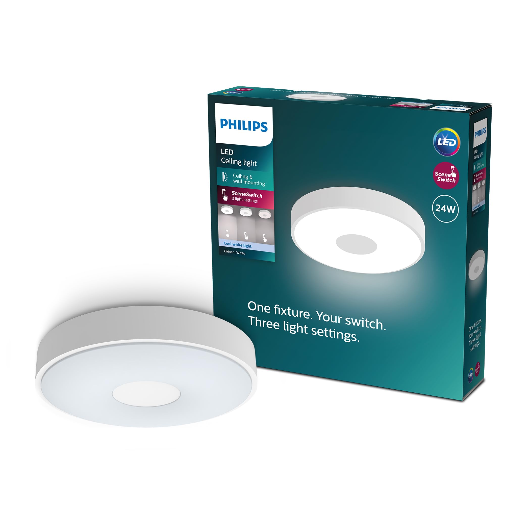 PHILIPS Coiner Ceiling SceneSwitch, Round, 24W, 2800Lm, 4000K, White, IP20