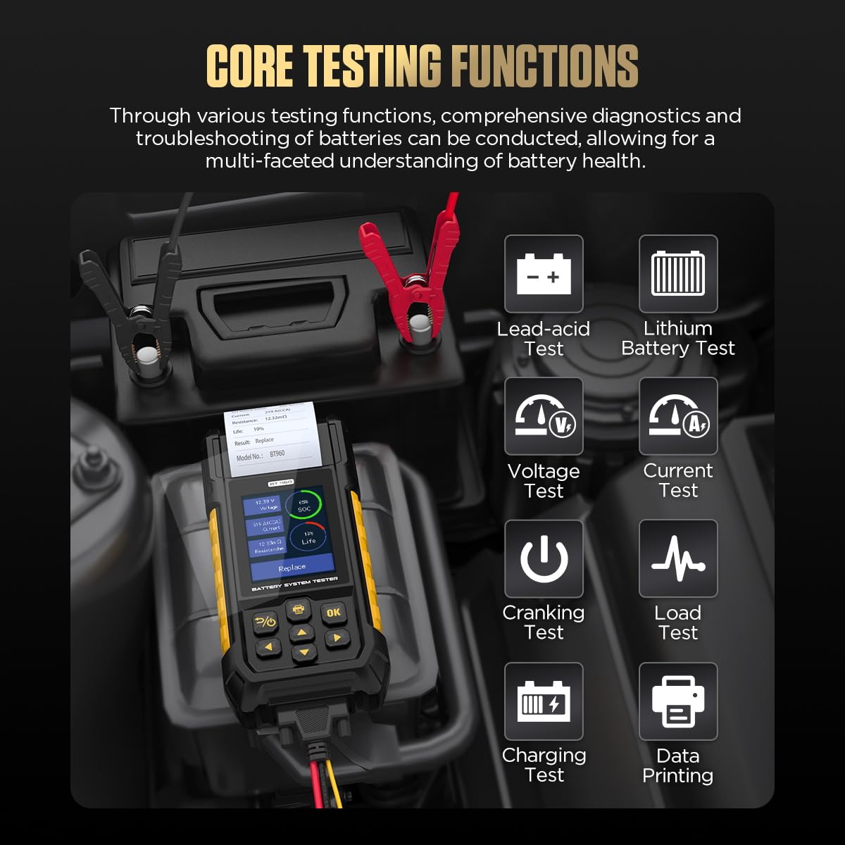 AUTOOL Batterietester kfz mit Drucker, BT960 12V 24V Autobatterie Tester, 30–2000 CCA Lasttester Batterie-/Anlass-/Ladesystemtest, Lead-acid Lithium Autobatterie Analysator für PKW-LKW ATV Auto Boote