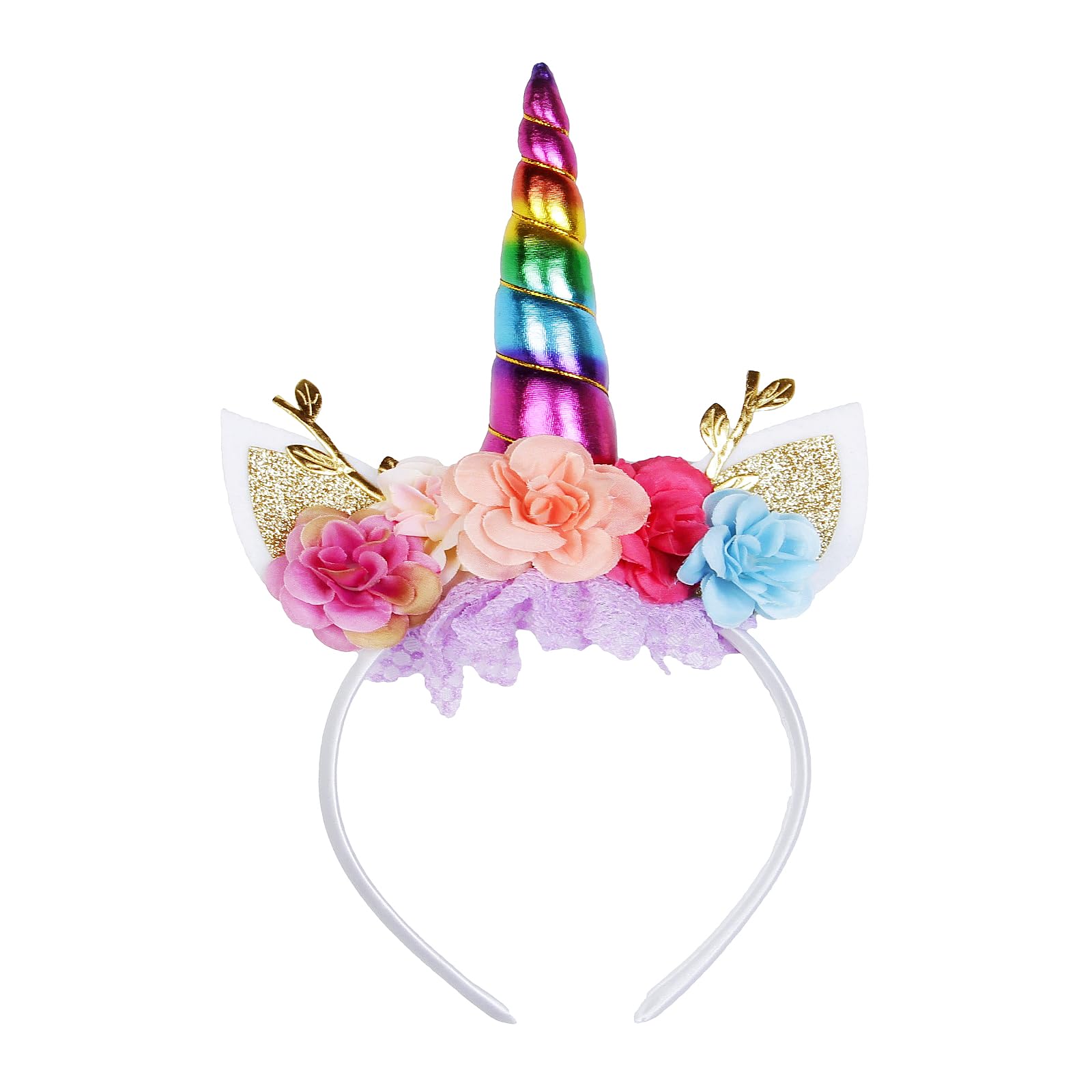 Nishine Rose Floral Unicorn Headband Glitter Horn Headpiece Tiara for Birthday Halloween Party Carnival (Rainbow&Coral)