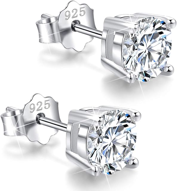 925 Sterling Silver Cubic Zirconia Stud Earrings 3mm-8mm Options, Simulated Diamond CZ Studs Hypoallergenic Jewellery