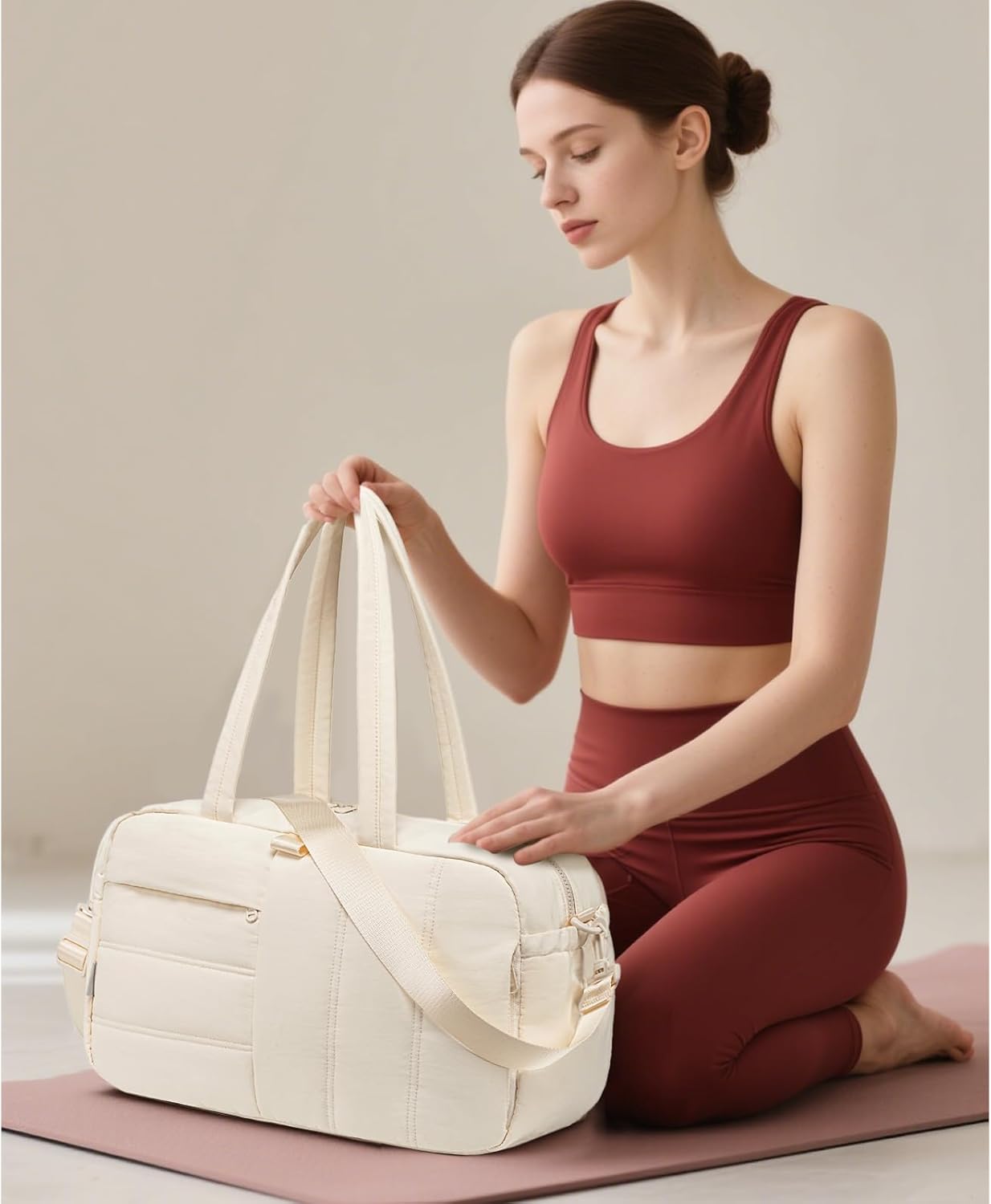 CAMTOP Gym Bag for Women with Yoga Mat Holder, Small Duffle Bag 16 Inches Personal Item Travel Bag with Muiti-Pockets Lightweight Carry on Water Resistant, Beige