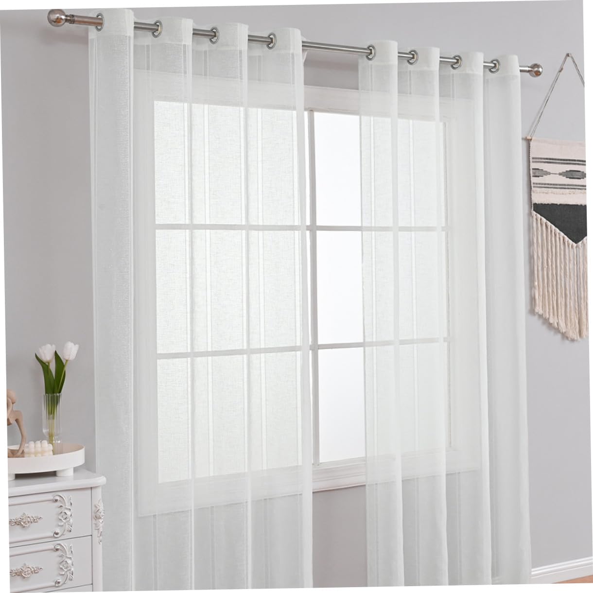Cortina Visillo Semi-Transparente para Ventanas y Balcón Delicada con Rayas Plata Panel Opaco para Dormitorio y Baño Medidas White