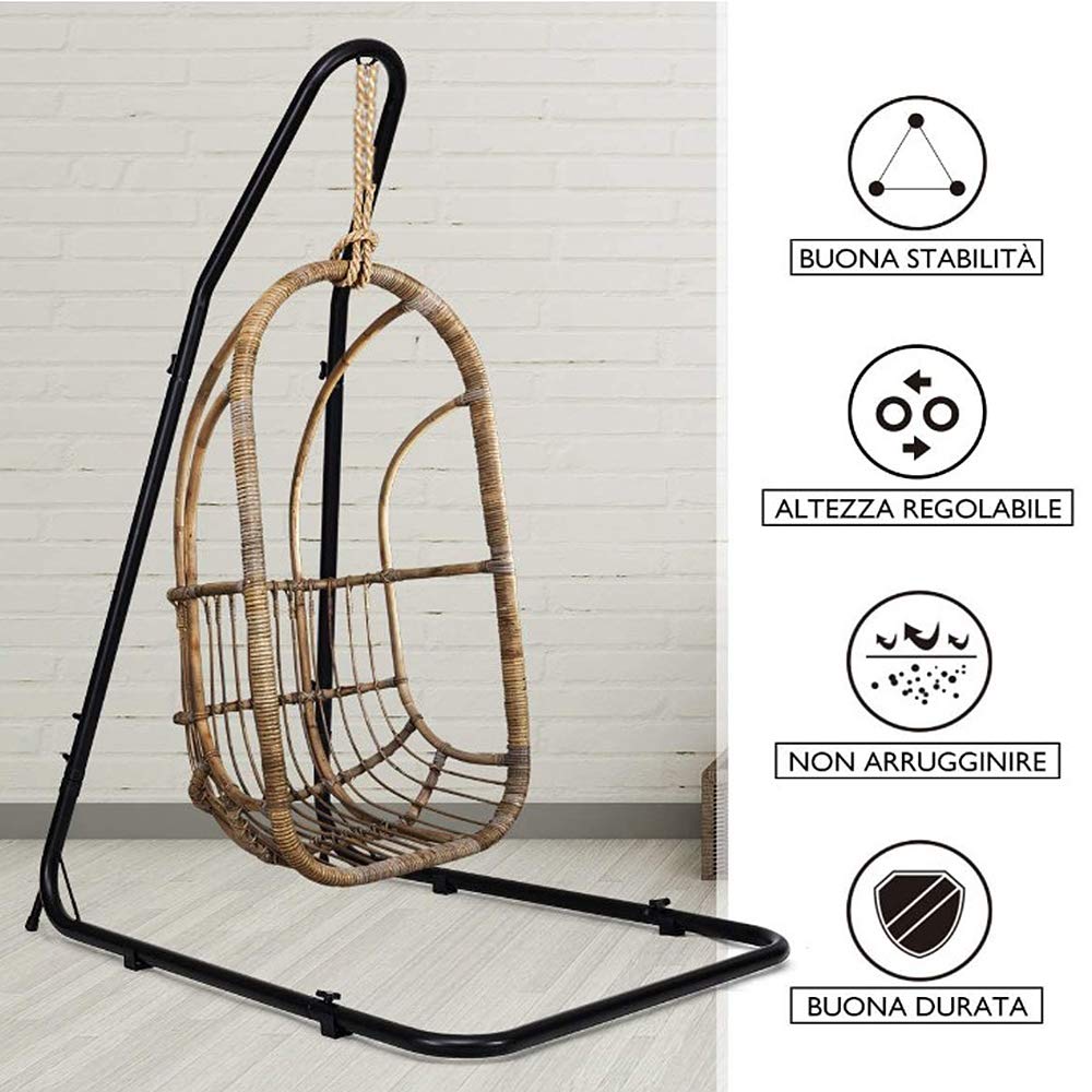 Marco de acero para hamaca, soporte estable de silla colgante de metal, silla colgante interior y exterior, regulable en altura 135 x 115 x 200 cm, color negro