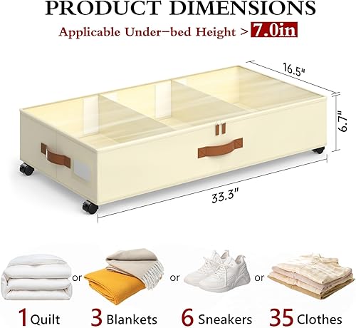 Miniatura 4 de Yecaye Almacenamiento debajo de la cama con ruedas, paquete de 2 contenedores de almacenamiento debajo de la cama con divisores ajustables y tapa