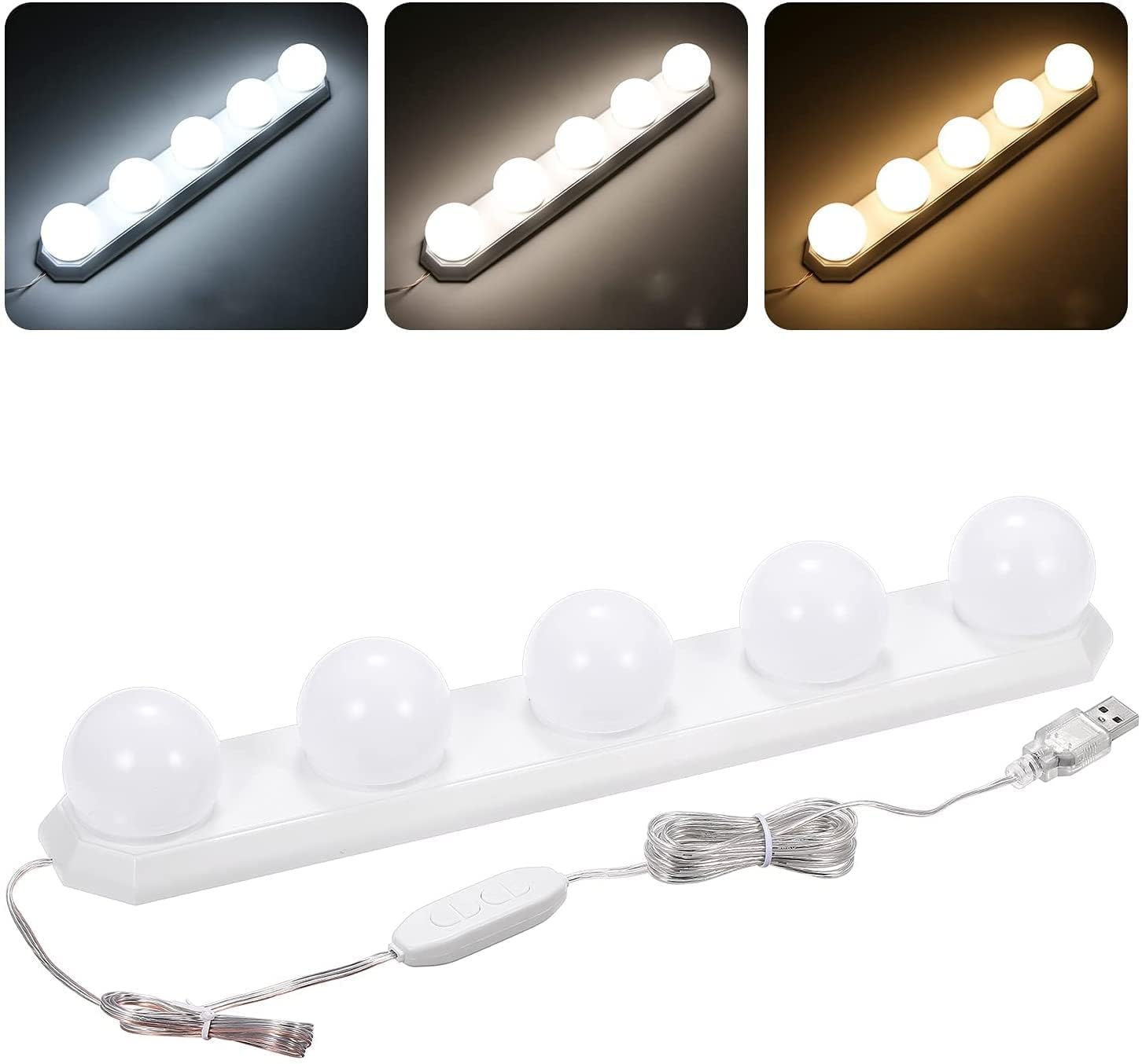LED Luces de Espejo de tocador USB Regulable 3 Colores 10 Niveles de Brillo con 5 Bombillas Cable USB de 7.55 pies de Largo para Maquillaje DIY Lámparas de Espejo de ba?o Luces de ba?o