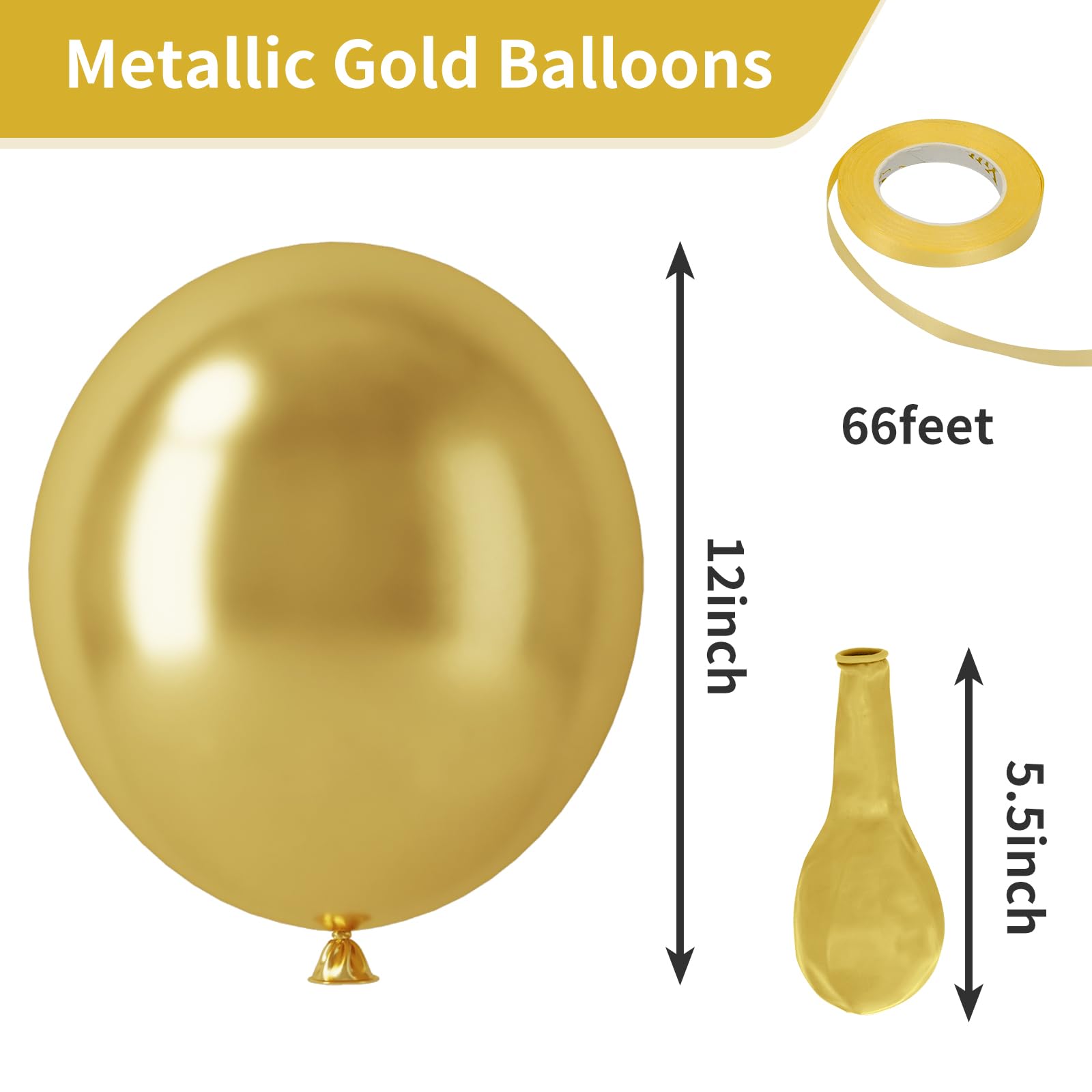 RUBFAC 65pcs Metallic Gold Latex Balloons, 12 Inches Helium Party Balloons with Ribbon for Birthday, Wedding, Graduation, Baby Shower, Bridal Shower