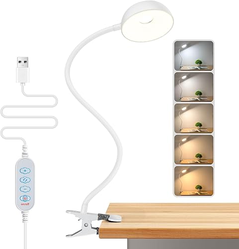 Miniatura 10 de Lámpara de escritorio con clip, atenuación de 10 niveles y 5 modos de color, luz de lectura de cuello de cisne flexible para camas, escritorios,