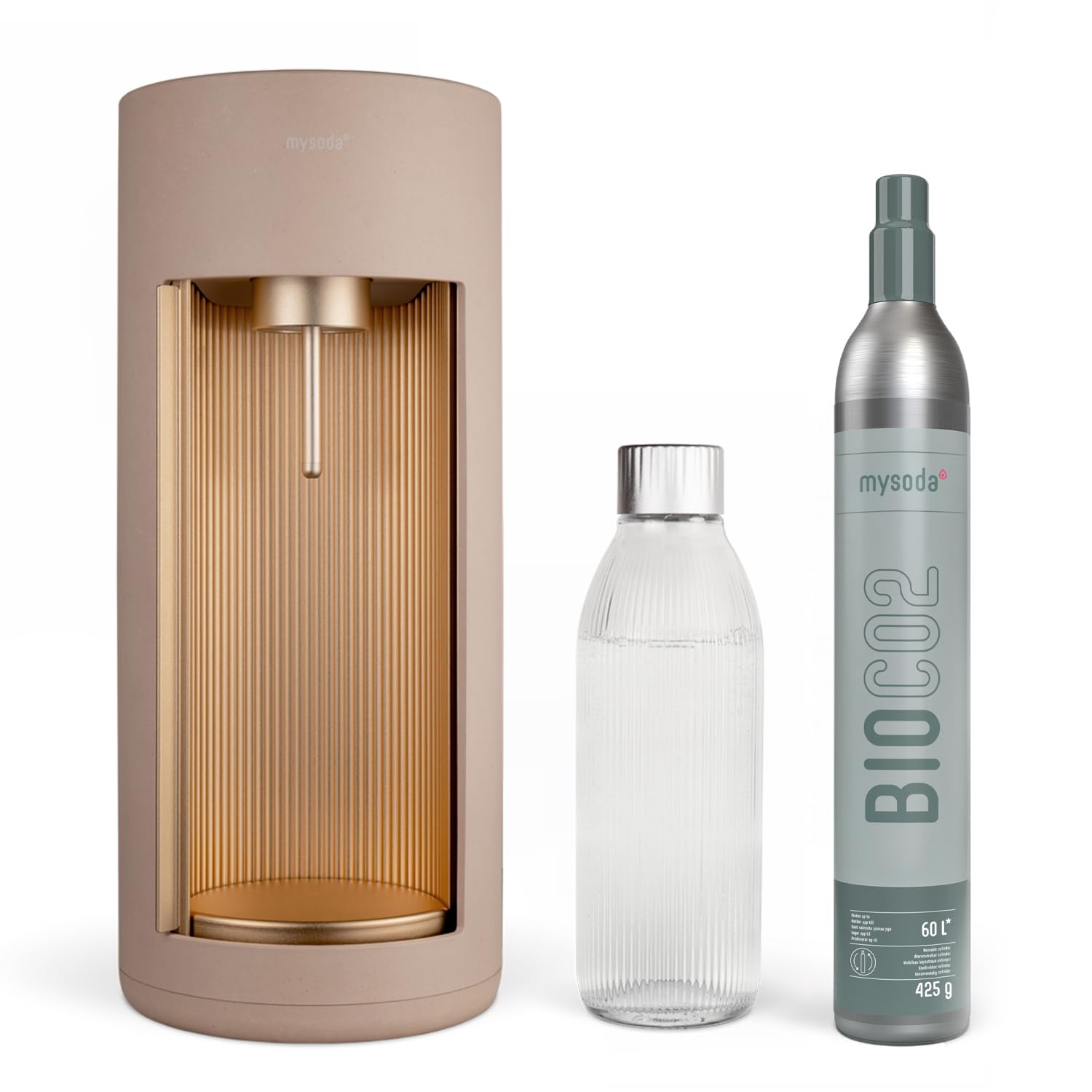 Mysoda: Glassy Wassersprudler aus Holzkomposit und Aluminium mit CO2-Zylinder und 1L Glasflasche - Latte