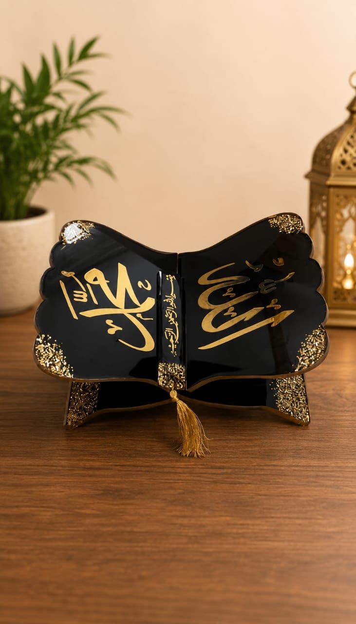 Quran Book Stand Holder, Black and Gold Arabic Calligraphy | Foldable Design, Gold Tassel Accent, Decorative Rehal, Islamic Home Decor, Scalloped Edge-image-7