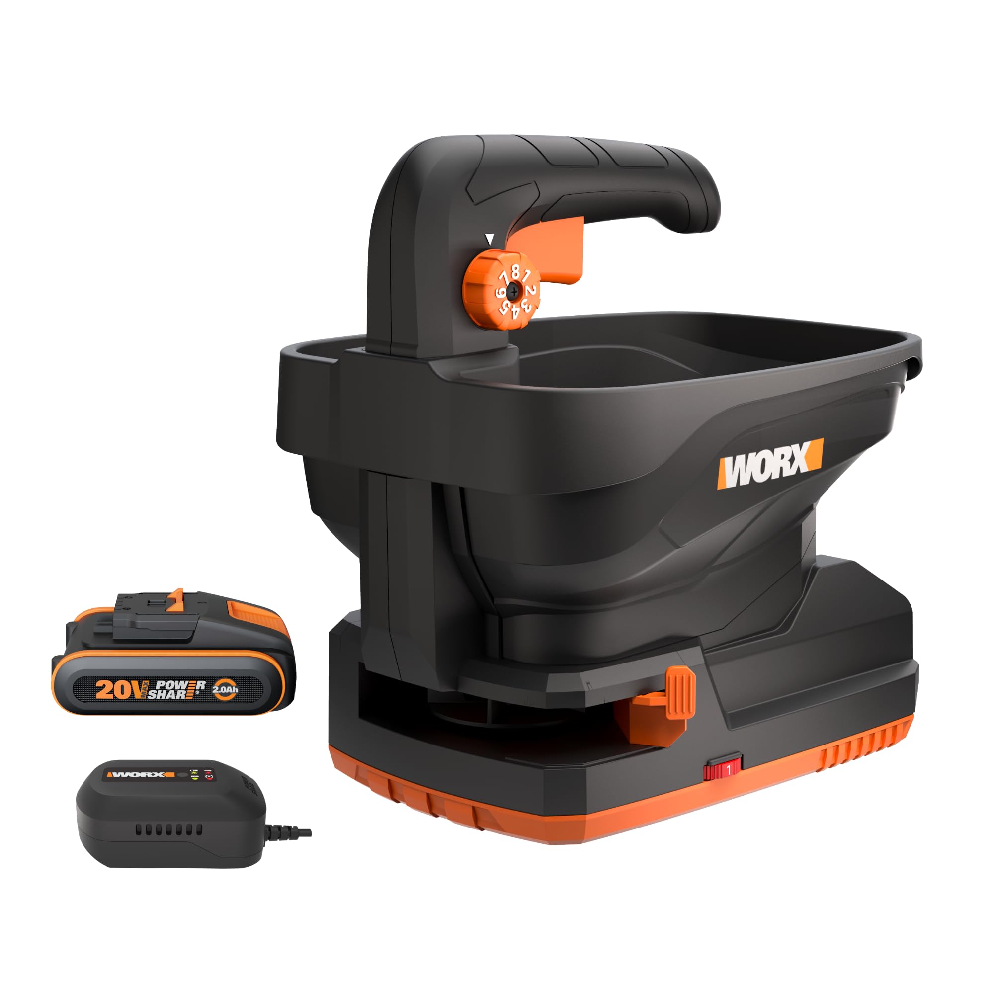 WORX WG869E Universal Akku Streuer 20V, 5 m Streubreite, 3,3 L Tank, bis 550 m² Reichweite pro Füllung, einstellbare Streumenge, für Dünger & Streusalz, inkl. 4Ah Akku & Ladegerät