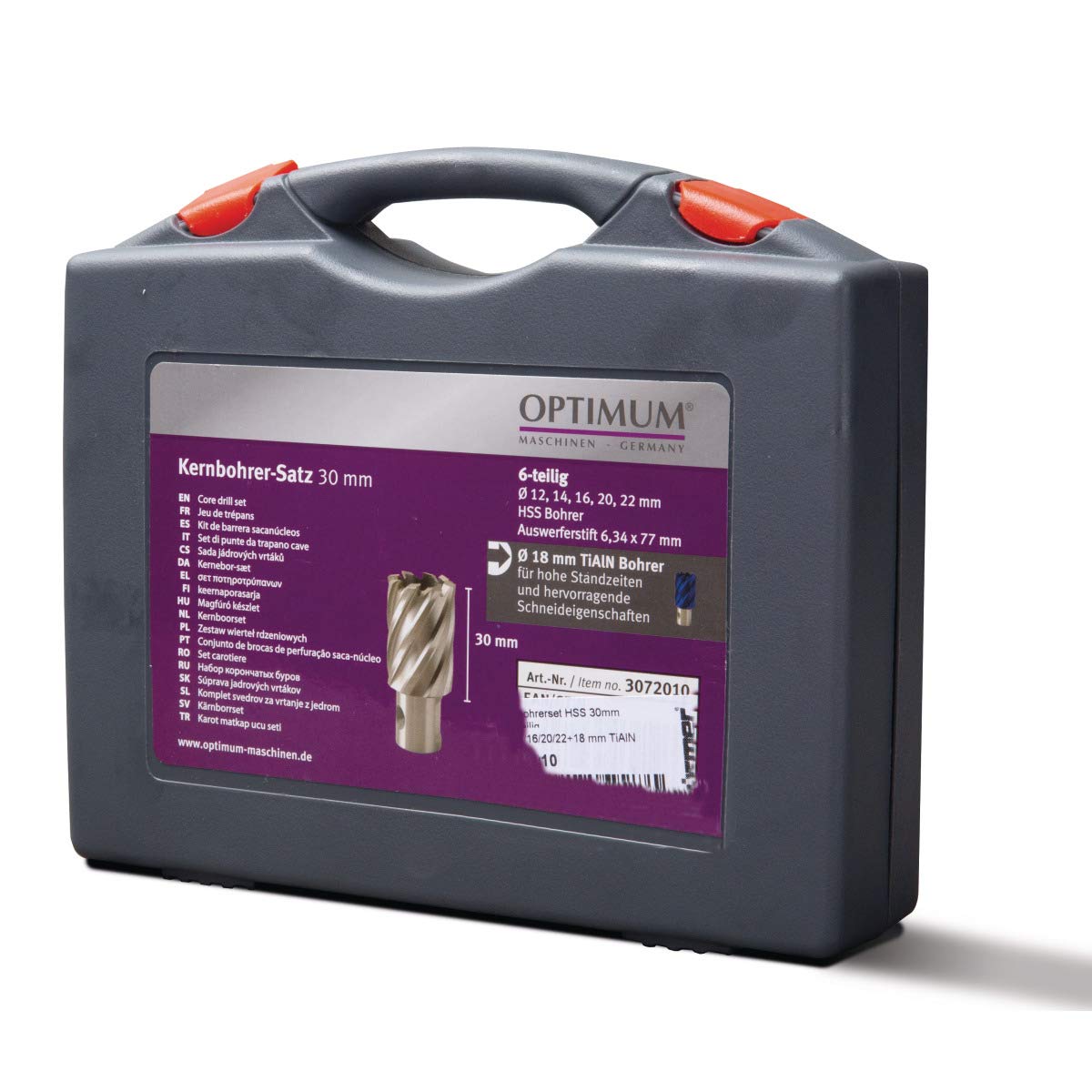 Optimum Kernbohrerset HSS-TiAlN 30 (6-teilig, ø 12/14/16/20/22/25 mm, Weldon, mit Auswerfstift), 3072010