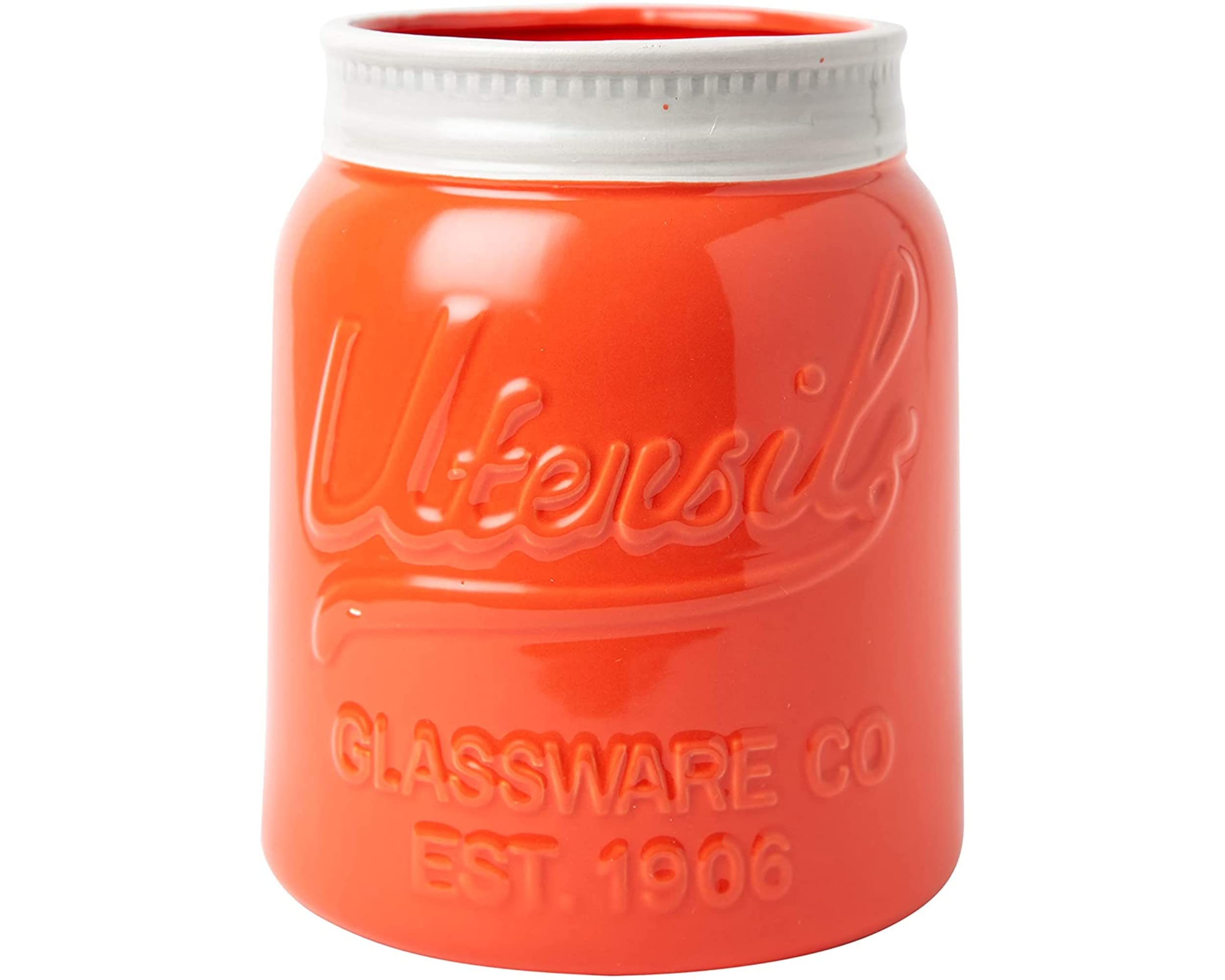 Comfify Wide Mouth Mason Jar Utensil Holder Decorative Kitchenware Organizer Crock, Chip Resistant Ceramic, Dishwasher Safe - Kitchen Caddy, Large Size 7" High - Coral