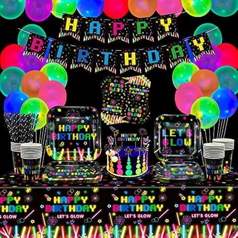 263 PCS Glow Neon Party Supplies Neon Glow Tableware Set Neon Balloon Glow in the Dark Birthday Banner Hanging Swirl Cake Toppers for Blacklight Party Decoration Serves 20 (Glow Set A) Cover