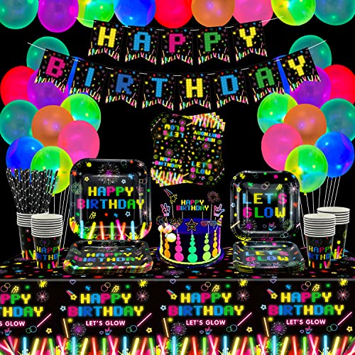 Lot de 173 Articles de fête fluorescents avec Ballons fluorescents phosphorescents Bannière Happy Birthday à Suspendre Décoration de gâteau Assiette Serviettes gobelet pour décoration de fête 20