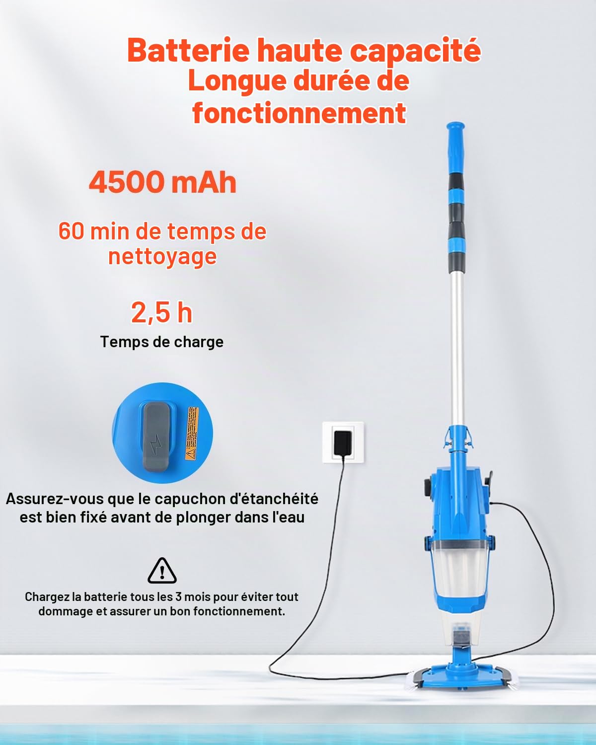 VEVOR Aspirateur de Piscine, 100 L/Min, Nettoyeur Manuel sans Fil avec rallonges, Nettoyage en Profondeur et Aspiration puissante, Rechargeable, 1 Heure d'autonomie, pour Piscine Hors Sol et creusée