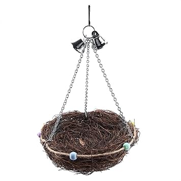 TOPINCN Rattan Straw Parrot Nest Pet Birds Cockatiel Cage Hanging Swing Toy with Bells Hut Tent Bed Birdhouse Parrots Toys(2712cm)