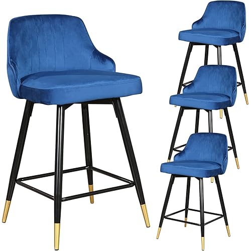 360° Swivel Counter Height Bar Stools Set of 4, Velvet Barstool with Comfy Back, Footrest, Mid Century Modern Counter Height Dining Chairs for Pub Island Home Kitchen(Blue)