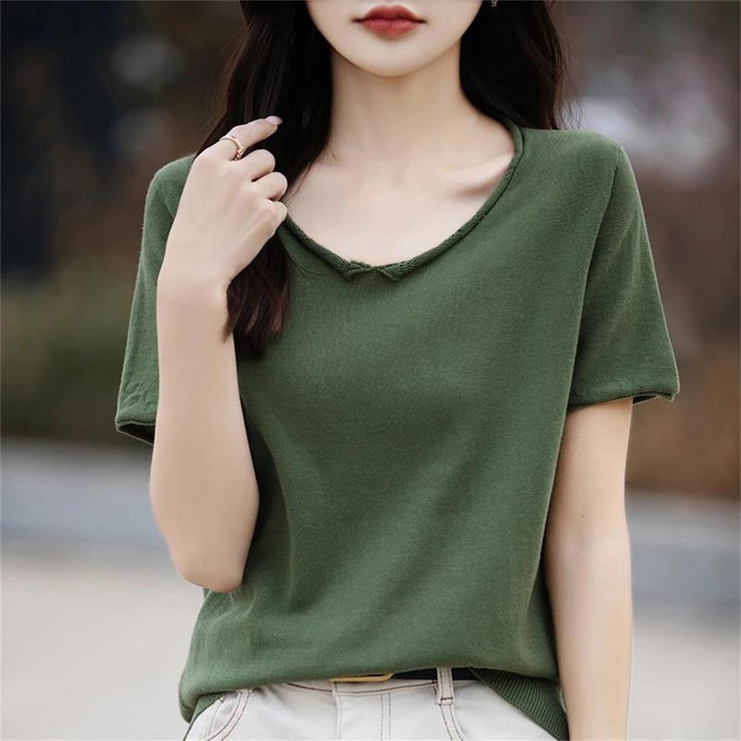 T-shirt d'été à manches courtes pour femme - Couleur unie - Tricot - Col rond - Haut ample