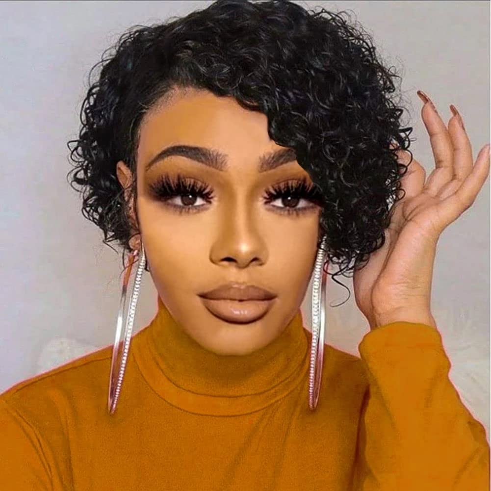 Short Curly Lace Front Wigs Human Hair 8Inch Pixie Cut Human Hair Wigs for Black Women Natural Lace Frontal Pixie Cut Wig Brazilian Virgin Hair for Daily Party - Natural Black