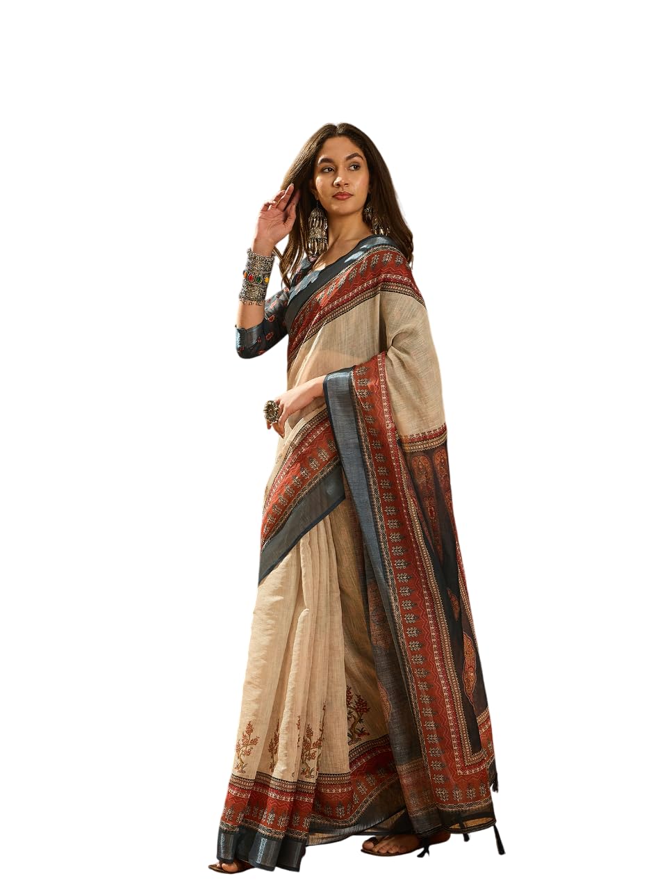 maroosh Women'S Cream Color Linen Cotton Blend Digital Print & Silver Zari Border Saree (MRSSKTBEE28277B)-picture-17