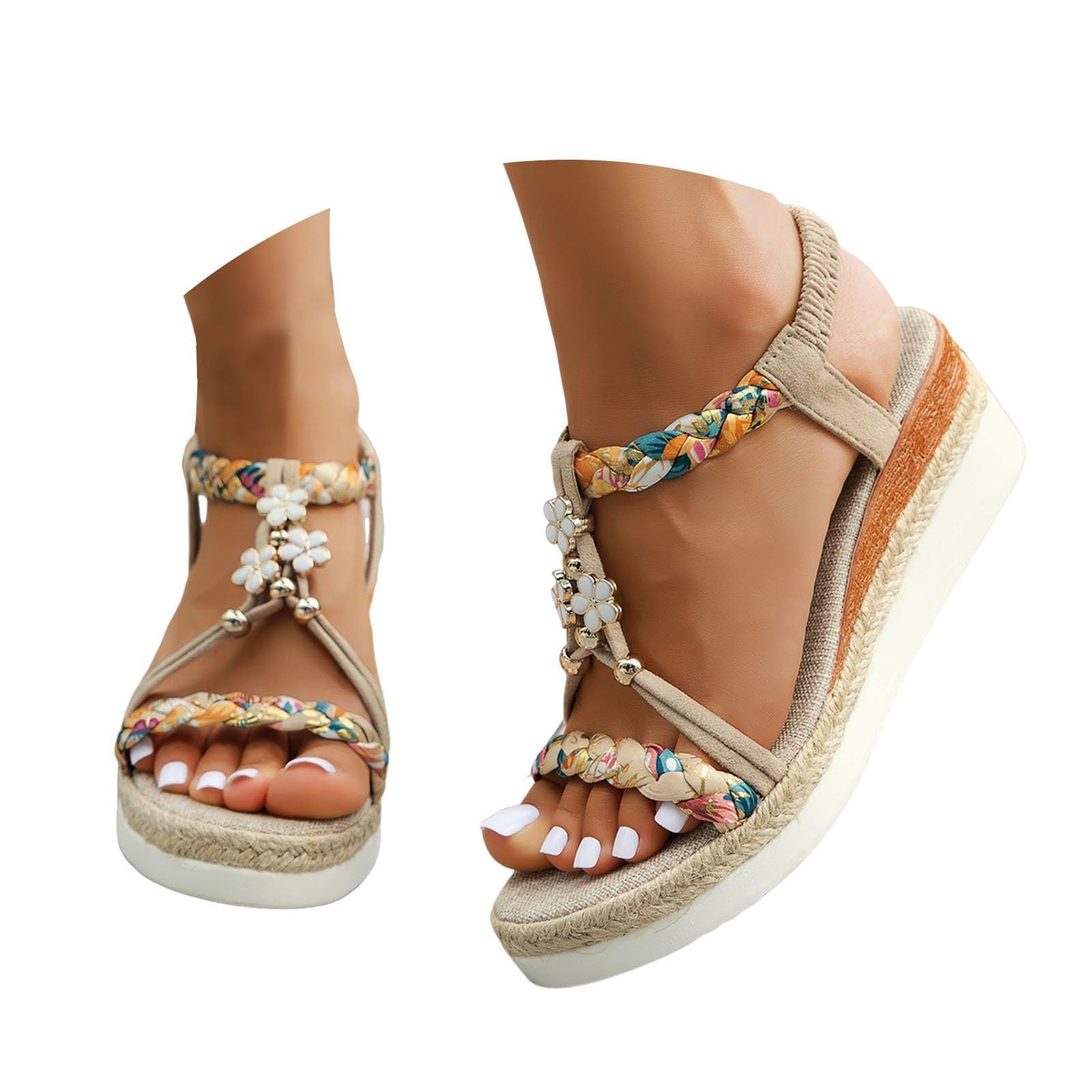 Orthopedic Wedge Sandals for Women Summer Dressy Ankle Elastic Bohemian Woven Low Wedge Heels Sandals for Women Wide Width Casual Platform Sandal Comfortable Open Toe Walking Beach Shoes Womens