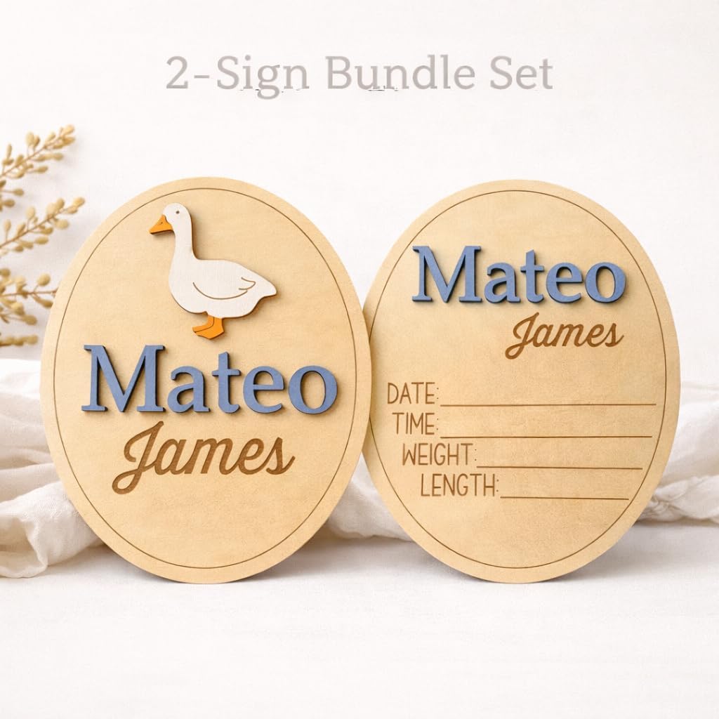 Personalized Baby Name Sign with Goose + Birth Stat Sign Set – Wooden Baby Announcement Sign, Custom Newborn Photo Prop for Hospital, Vintage look sign (Goose Name + Stat Sign Bundle)