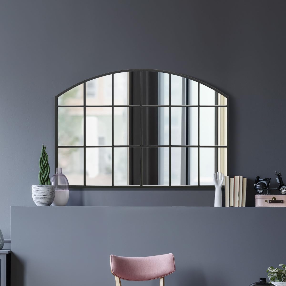 MirrorOutlet The Arcus - Black Framed Modern Over Mantle Arched Wall Window Mirror 43" X 29" (110CM X 75CM) Silver Mirror Glass with Black All weather Backing
