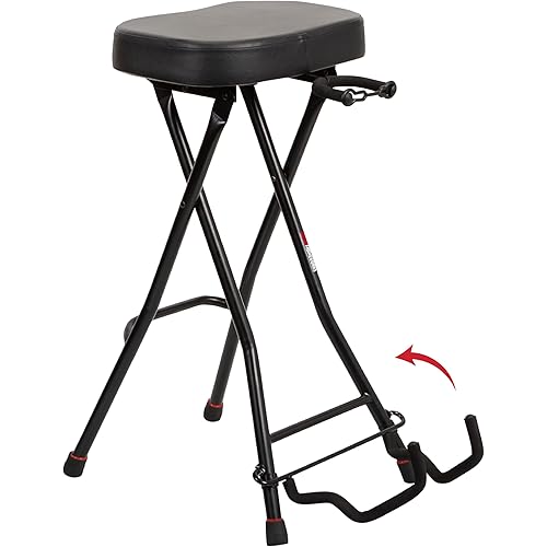 Gator Frameworks Foldable Guitar Stool with Padded Seat and Rear Mounted Guitar Hanger, (GFW-GTRSTOOL)